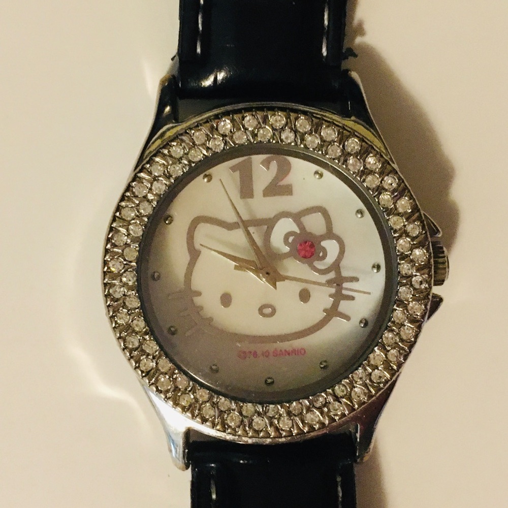 Women Hello Kitty Analog Watch Leatherette Band Rhinestones